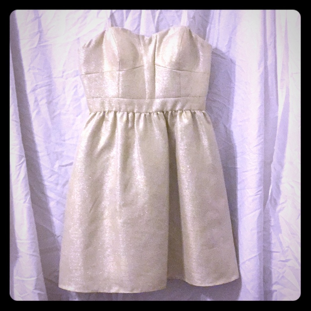 Light gold sparkly strapless cocktail dress